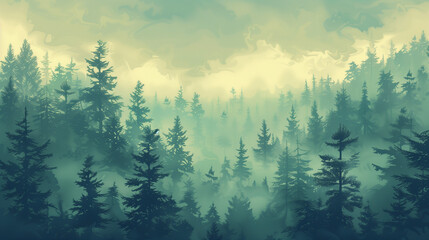 A vintage retro-style painting showcasing a misty fir forest with fog hovering in the background....