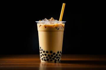 A bubble tea drink, with a straw in it, placed on a table. Generative AI
