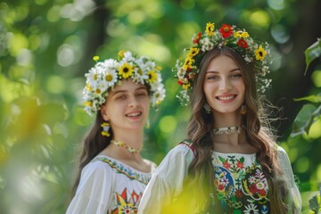 Two women wearing flower crowns in a forest, perfect for nature-themed designs