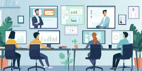 Colleagues work together on computers in a modern office space.