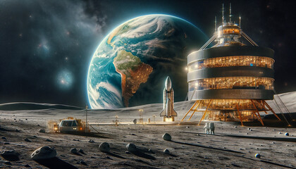 Futuristic lunar base with Earth looming large in the background