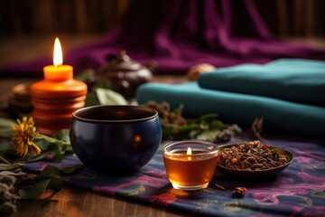 Fototapeta premium A wooden table holding a bowl of herbal tea next to a lit candle. Generative AI