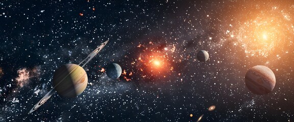 a panoramic view of outer space, showcasing a vibrant scene with various celestial bodies. It features planets of different sizes and colors, some with rings, asteroids, and stars