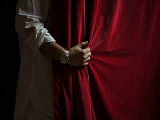 A person in a white shirt holds a red curtain, partially revealing a dark background. The image conveys mystery, anticipation, and elegance.