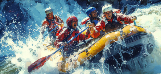 Group of friends white-water rafting down a river, laughing and splashing. Friendship, adventure, excitement