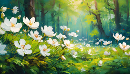 Charming oil painting of white flowers at spring. Beautiful nature. Fairy tale forest. Hand drawn