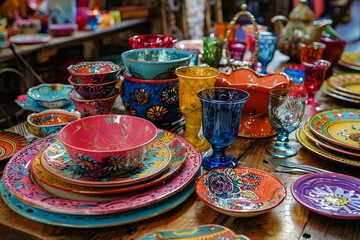 Colorful collection of artisan pottery and glassware with intricate designs on a market table