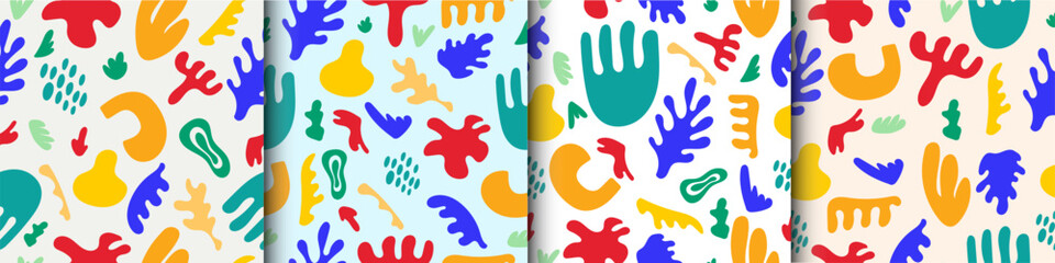 Collection Abstract matisse inspired seamless pattern with colorful freehand doodles. Organic flat  background, simple random shapes in bright childish colors.