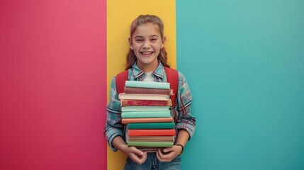 A happy smiling girl holding a stack of books