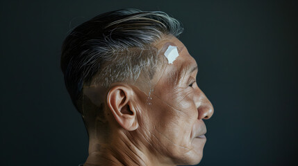 A side profile of an Asian man in his 50s, showcasing the bandage on the back of his head, highlighting the precision of the FUE hair transplant technique.