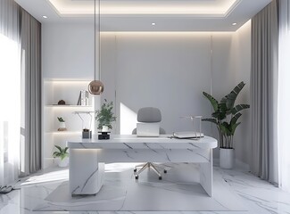 Modern home office interior with a grey desk, white chairs and accessories on a light background