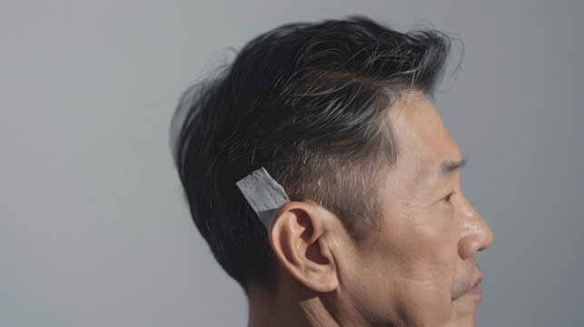 A side profile of an Asian man in his 50s, showcasing the bandage on the back of his head, highlighting the precision of the FUE hair transplant technique.