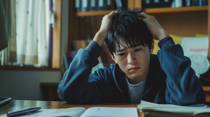 勉強中に頭を抱えて悩む男の子
