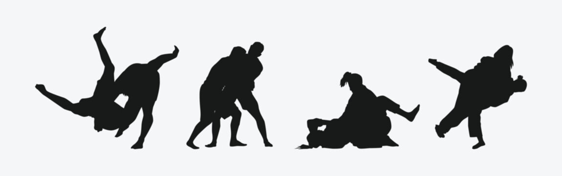 Jiu Jitsu vector set silhouettes on white background. Different action, pose. Martial arts, judo, sport. Graphic illustration.