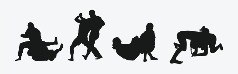 Jiu Jitsu vector set silhouettes on white background. Different action, pose. Martial arts, judo, sport. Graphic illustration.