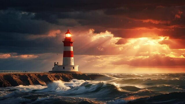 Sea lighthouse in the rays of the setting sun against the backdrop of storm clouds.