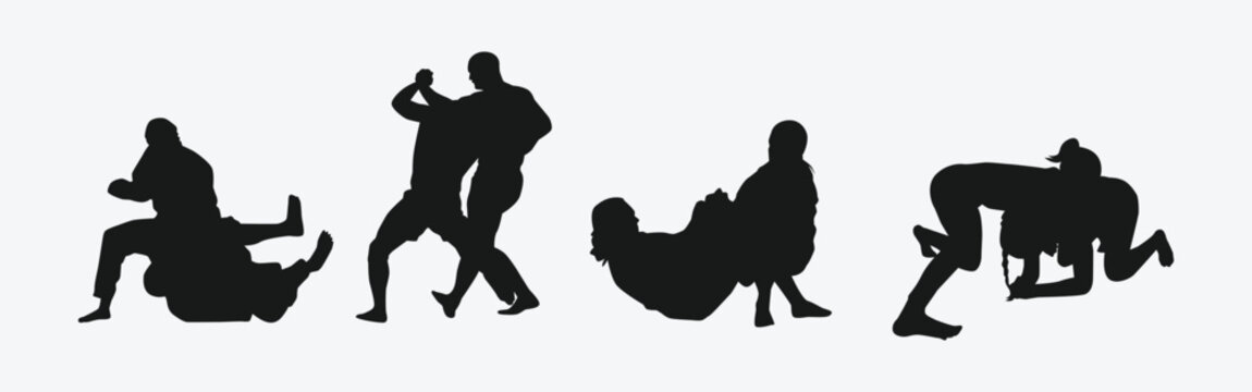 Jiu Jitsu vector set silhouettes on white background. Different action, pose. Martial arts, judo, sport. Graphic illustration.