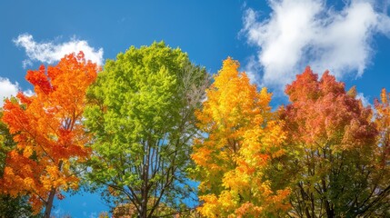 Fall trees displaying orange green and yellow hues against a blue sky