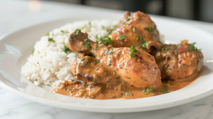 Authentic african chicken stew with white rice and fresh parsley, a traditional and delicious meal from africa