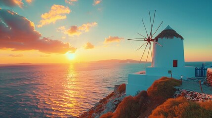 Beautiful Sunset view of traditional Greek windmill on Santorini island, Greece, Europe. luxury...