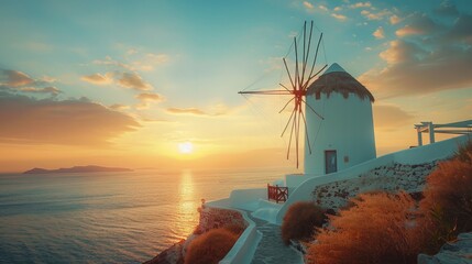 Beautiful Sunset view of traditional Greek windmill on Santorini island, Greece, Europe. luxury...