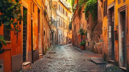 Fototapeta na wymiar Cozy old street in Trastevere in Rome, Italy. Trastevere is rione of Rome, on the west bank of the Tiber in Rome, Lazio, Italy. Architecture and landmark of Rome 