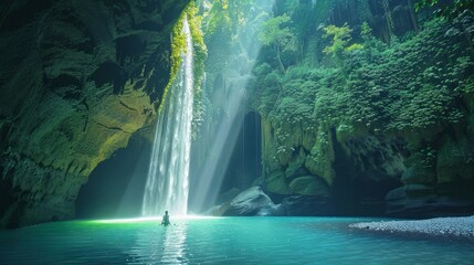 Famous Bali waterfall in the cave Tukad Cepung. Young man tourist discover the beauty of earth. 