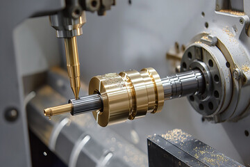 The multi-tasking CNC lathe machine type tapping the brass shaft parts, The high technology metal working with CNC turning machine, generative ai