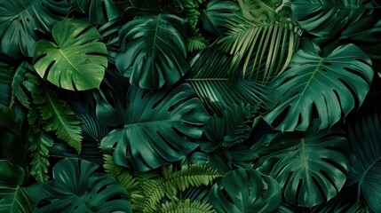 Group background of dark green tropical leaves ( monstera, palm, coconut leaf, fern, palm leaf,bananaleaf) Panorama background. concept of nature 