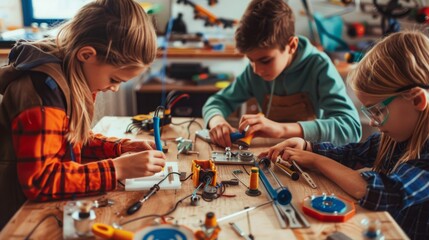 A group of children are actively engaged in working on electronic devices in a workshop setting.
