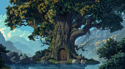 Fototapeta premium A large tree with a door in its trunk
