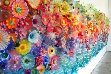 Vibrant display of handcrafted glass flowers arranged in a stunning color spectrum