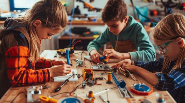 A group of children are actively engaged in working on electronic devices in a workshop setting.
