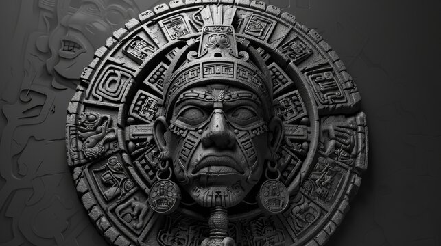 A man's face is carved into a stone circle with a calendar underneath