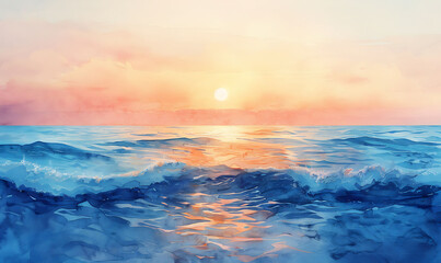 Obraz premium Pastel Sunset over Gentle Waves on the Beach in Watercolor