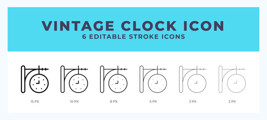 Vintage clock icon with editable stroke. Outline icon vector illustration.
