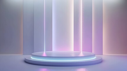 Cutting-edge 3D product display podium with dynamic lighting and digital effects in a surreal game-like atmosphere