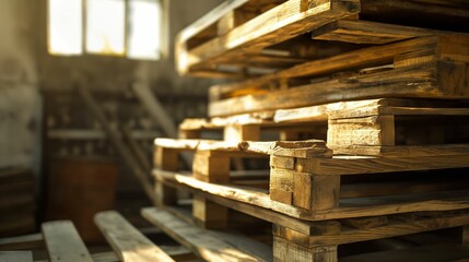 Fototapeta premium Wooden pallets stacked in warehouse with sunlight through window.