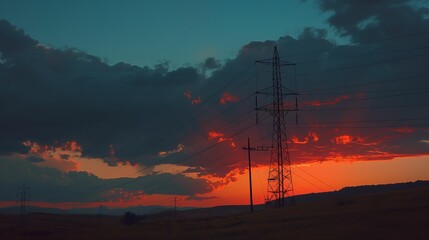 Silhouette of electrical power lines and tower against a dramatic red sky during sunset.