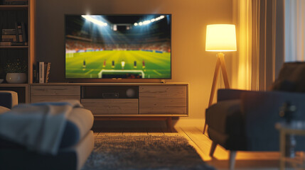 Cozy Evening at Home Watching Soccer Match on Television in Living Room