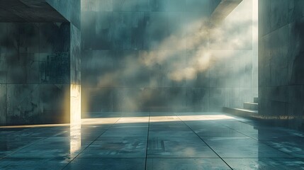 Dystopian Geometric Shadows Creating Dramatic Lighting and Ambiance in Minimalist Industrial Interior
