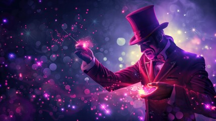 Circus show or funfair carnival poster with magician illusionist, top hat, and magic wand trick with sparkling light - Powered by Adobe