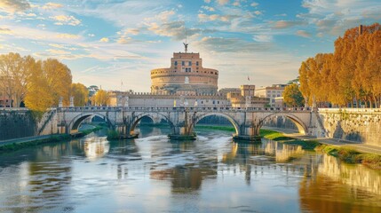 Saint Angelo castle and bridge over the Tiber river. Rome, Italy. 