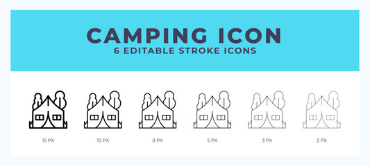 Camping icon with editable stroke. Outline icon vector illustration.