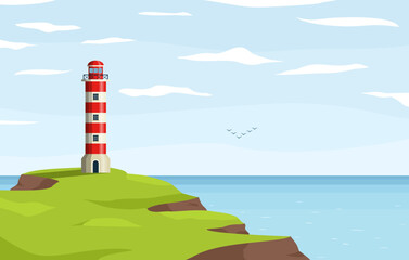 Lighthouse nautical tower on seashore. Sea coast or ocean beach rocks and lighthouse building. Coastline landscape with beacon. Hope symbol, expectation, solitude concept. Vector illustration