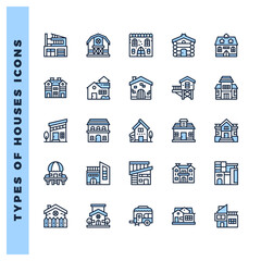 25 Types of Houses  Two Color icons pack. vector illustration.