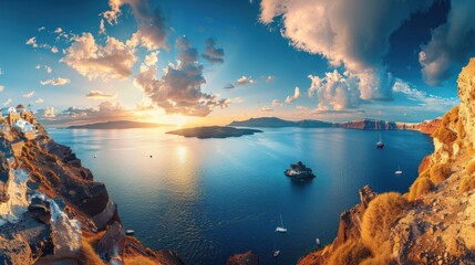 Stunning morning panorama of Santorini island. Splendid spring sunrise on famous Greek resort Oia,...