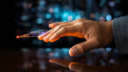 Digital business finance strategy: hand analyzing holographic growth and stock graphs on a metaverse background with financial market chart data and global economic trade profit diagrams

