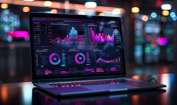 Futuristic Corporate Data Analytics Dashboard: Infographic Charts, Graphs, Online Computing App on Laptop Display Mockup - Powered by Adobe