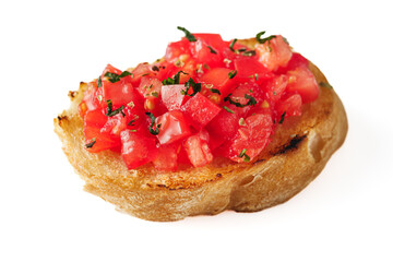delicious Italian bruschetta with tomatoes on a white background